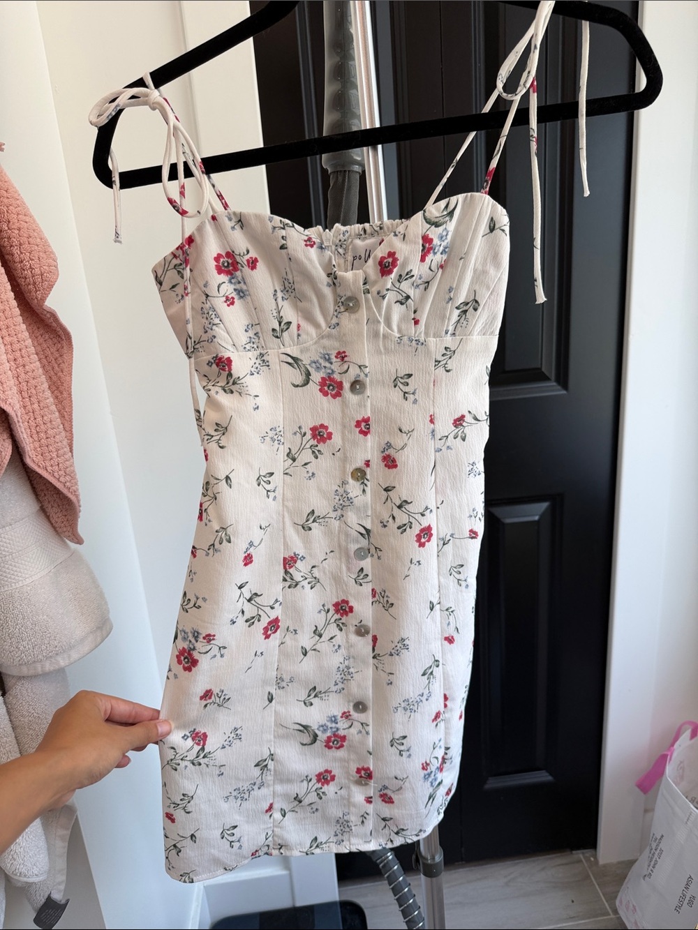 Floral Tie-Shoulder Mini Dress in Cream with Pink Flowers